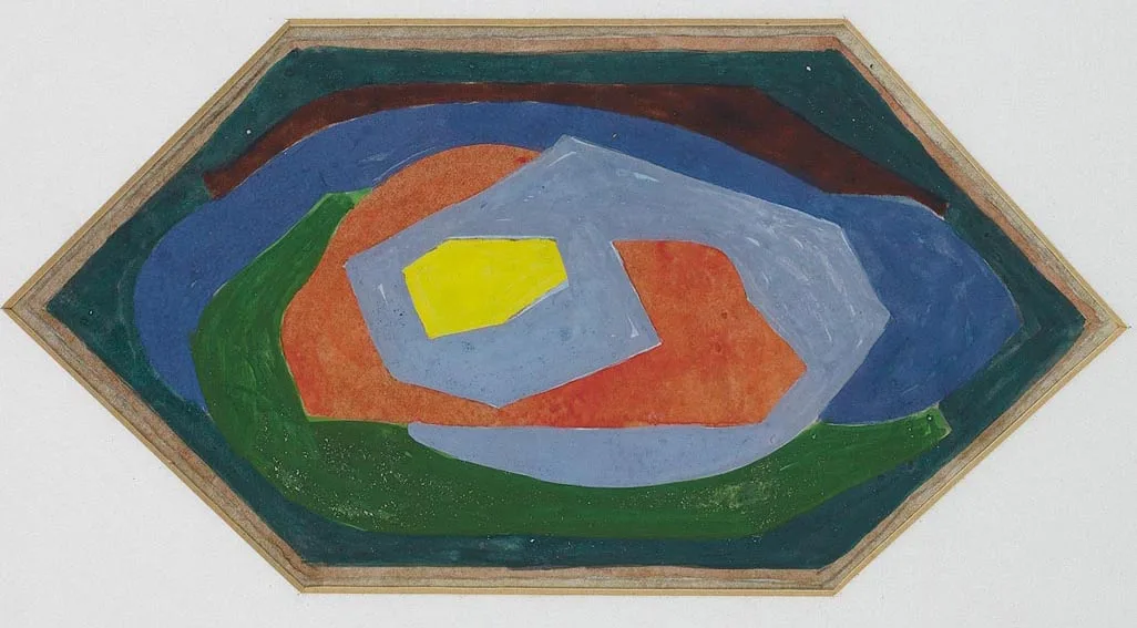ABSTRACT STUDY (SINGLE ELEMENT COMPOSITION) by Mainie Jellett, gouache over pencil on paper mounted on board, sold Feb 2005