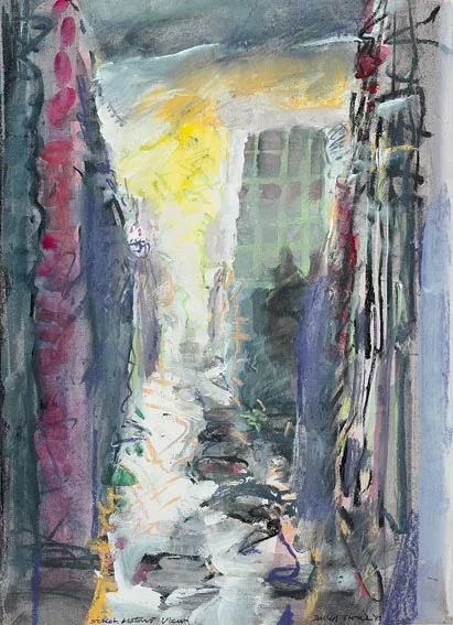 STREET, DISTANT VIEW by David Crone, watercolour, gouache and pastel on paper, sold Feb 2005