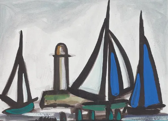SAILBOATS AND LIGHTHOUSE by Markey Robinson, gouache on board, sold Feb 2005