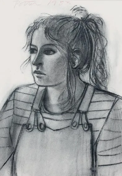 George Potter, YOUNG WOMAN IN DUNGAREES, charcoal on paper