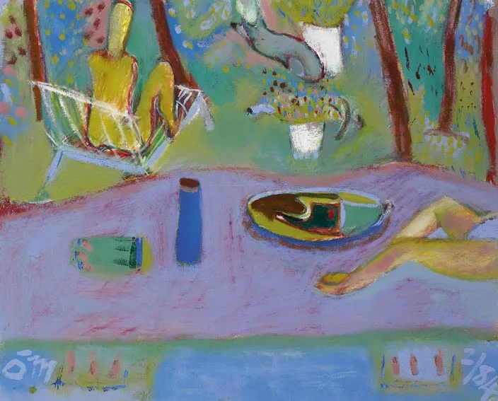 Tony O'Malley, MORNING, JANIE AND KAREN AND STROMBIE AND ZIGGY AND SELF-PORTRAIT, SCENE IN THE BAHAMAS, oil on paper