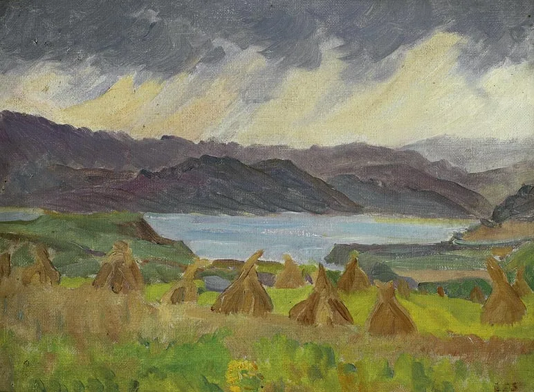 CORN STOOKS, COUNTY DONEGAL by Estella Solomons, oil on canvas board, offered Nov 2004