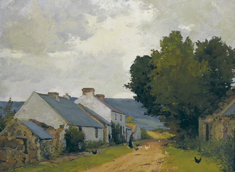 Hans Iten, COTTAGES ON A COUNTRY LANE, COUNTY DOWN, oil on canvas