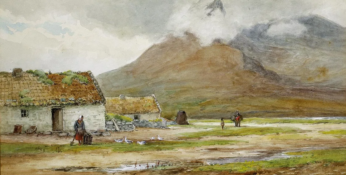 Alexander Williams, CABINS ON THE BEACH AT DUGORT BAY, ACHILL ISLAND, watercolour over pencil