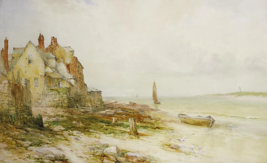 William Bingham McGuinness, HOUSES ON A COASTAL ESTUARY, watercolour heightened with white
