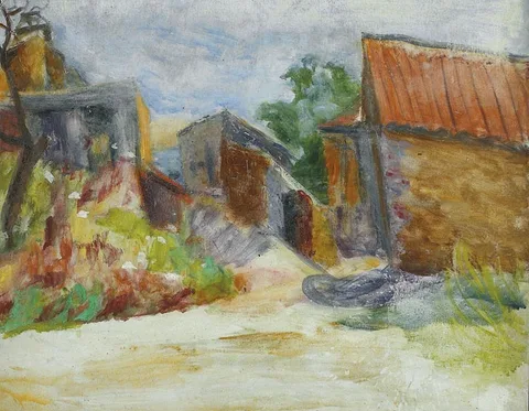 Renée O'Conor, FARM OUTHOUSES, gouache on board