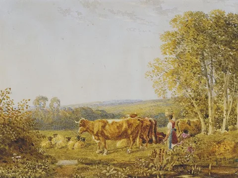 George Barret Junior, PASTORAL LANDSCAPE WITH MILKMAID, COWS AND SHEEP, watercolour on paper