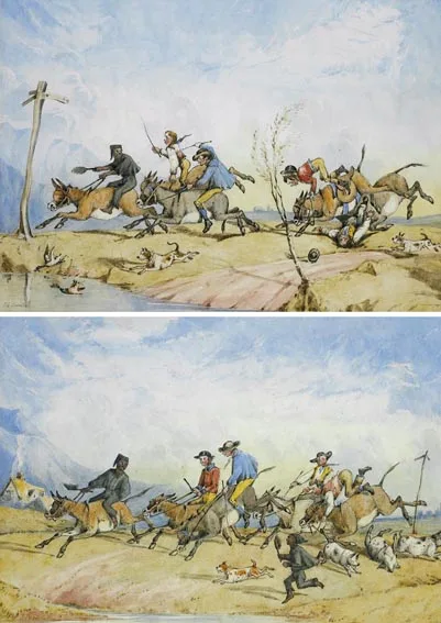 Robert Richard Scanlan, THE DONKEY DERBY: THE START and THE SWEEP FINISHES FIRST! (A PAIR), watercolour with pen and ink