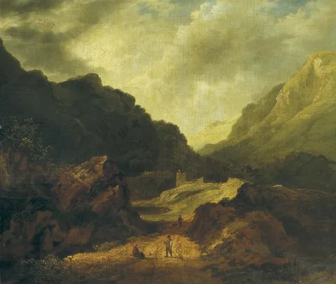 James Arthur O'Connor, TRAVELLERS ON A PATH THROUGH A VALLEY WITH LAKE AND RUINS, oil on canvas