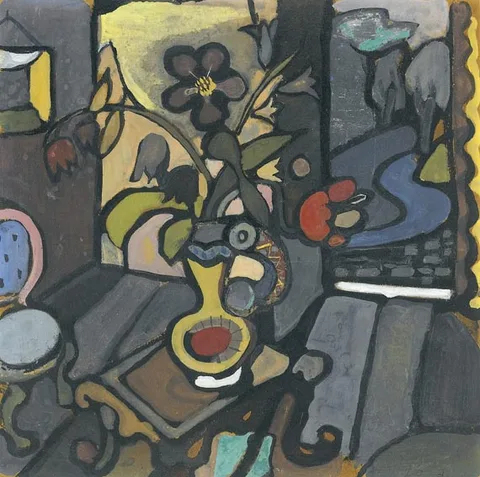 Georgette Rondel, INTERIOR WITH FLOWERS, gouache on board