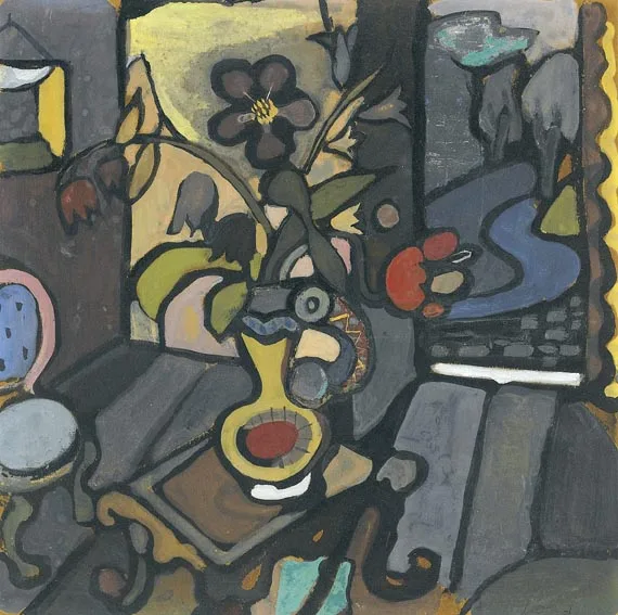 Georgette Rondel, INTERIOR WITH FLOWERS, gouache on board