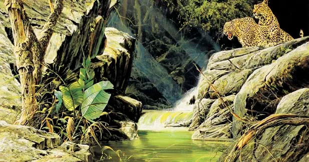 LEOPARDS BY A WATERFALL by Craig Bone, oil on canvas, sold Nov 2004
