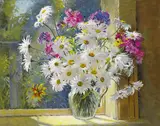 Geraldine O'Brien, MICHAELMAS DAISIES AND PHLOX ON A WINDOWSILL