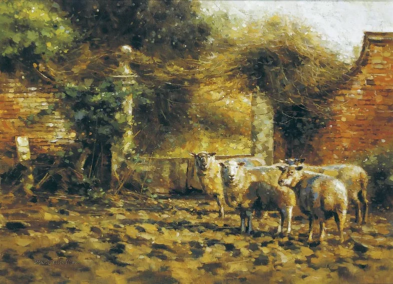 SHEEP IN A YARD by Mark O'Neill, oil on board, sold Nov 2004