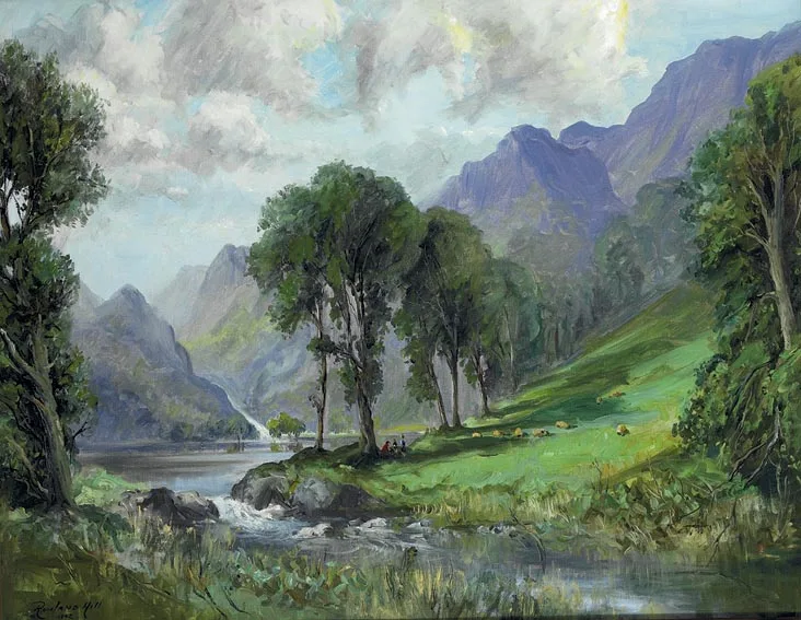 Rowland Hill, MOUNTAIN VALLEY WITH SHEEP GRAZING AND CHILDREN BY A RIVER, oil on canvas