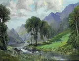 Rowland Hill, MOUNTAIN VALLEY WITH SHEEP GRAZING AND CHILDREN BY A RIVER