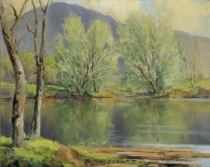 LAKESIDE REFLECTIONS by Rowland Hill, oil on canvas, offered Nov 2004