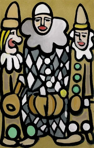 THREE CLOWNS by Markey Robinson, gouache on board, sold Nov 2004