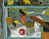 Elizabeth Cope, INTERIOR OF CUPBOARD IN PUMPROOM WITH MAXWELL HOUSE JAR AND UNO PAINT