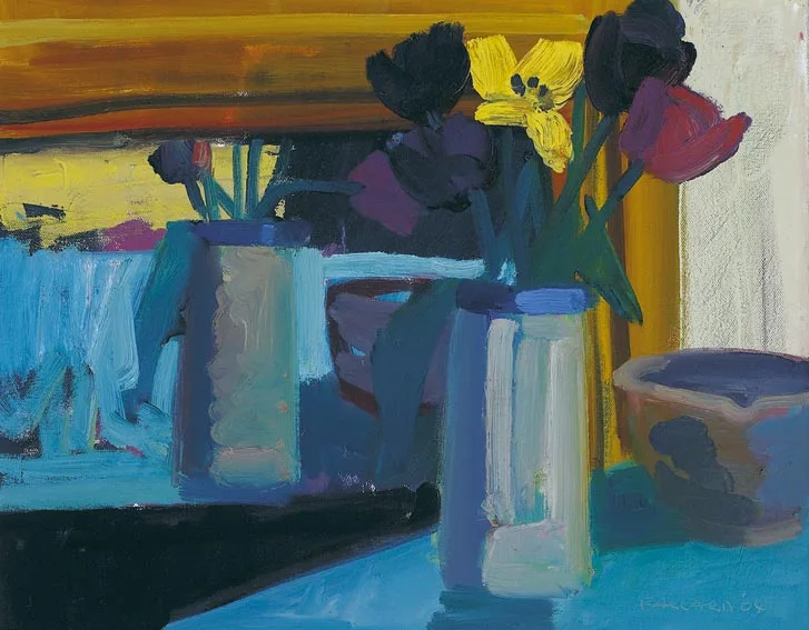 TULIPS REFLECTED IN MIRROR by Brian Ballard, oil on canvas, sold Nov 2004