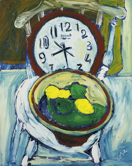 CLOCK AND LEMONS by Elizabeth Cope, oil on board, sold Nov 2004