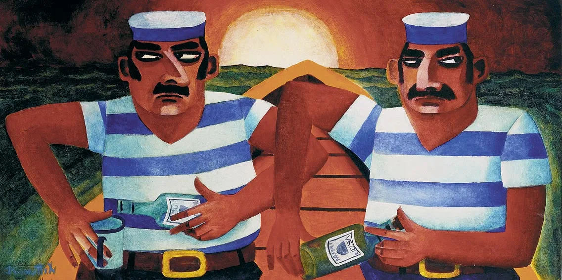 TWO SAILORS by Graham Knuttel, oil on canvas, sold Nov 2004