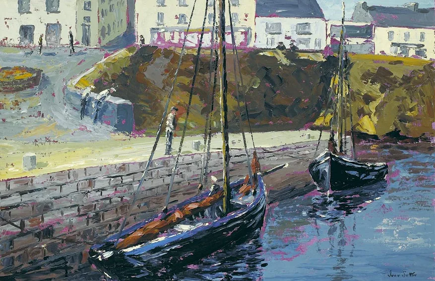GALWAY HOOKERS BERTHED AT ROUNDSTONE HARBOUR, COUNTY GALWAY by Ivan Sutton, oil on canvas board, sold Nov 2004