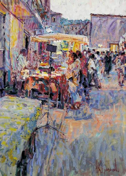 Arthur K. Maderson, THE NIGHT MARKET AT DUSK (LE VIGAN - MIDI FRANCE), acrylic, gouache and oil pastel on board