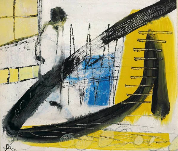THE BUSKER by John Kingerlee, acrylic on canvas board, sold Sep 2004
