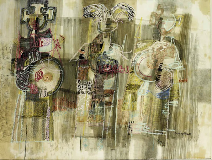 George Campbell, AZCELT WARRIORS, oil crayon and ink on artist's board