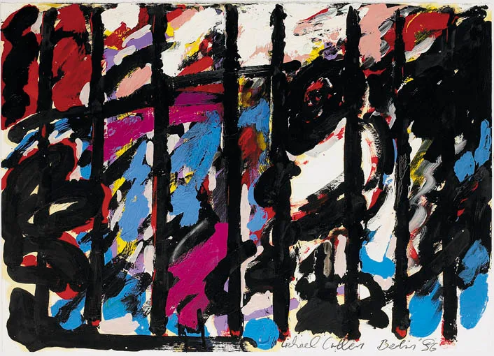 FIGURE BEHIND BARS, BERLIN SUITE by Michael Cullen, acrylic on paper, offered Sep 2004