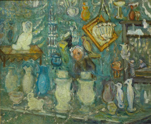 THE GLASS SHOP by Grace Henry, oil on board, offered Sep 2004