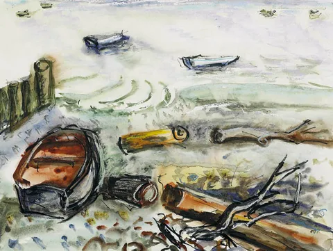 Moila Powell, BOAT AND TIDAL FLOTSAM ON STRAND, watercolour, pen and ink and coloured chalks on paper