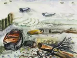 Moila Powell, BOAT AND TIDAL FLOTSAM ON STRAND