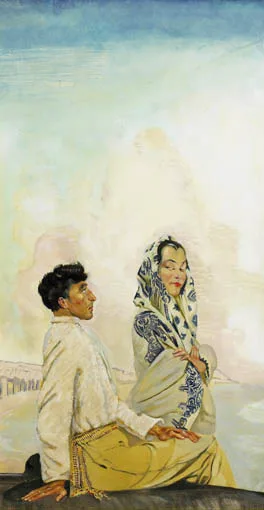 Seán Keating, AN ARAN MAN AND HIS WIFE, gouache and pastel over pencil on buff-coloured paper