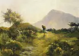 Lilian Lucy Davidson, MOUNTAIN LANDSCAPE WITH THORN TREES AND GORSE AND A YOUNG WOMAN CARRYING A BASKET