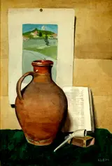 Harry Epworth Allen, STILL LIFE WITH TERRACOTTA JUG, MEERSCHAUM PIPE AND A DUTCH LANDSCAPE