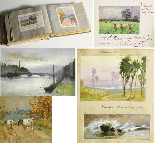 Nathaniel Hill, A RARE COLLECTION OF NINE WATERCOLOURS MOUNTED IN AN EDWARDIAN SCRAPBOOK, watercolour heightened with bodycolour