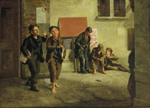 William Gibbes Mackenzie, STREET SCENE WITH NEWSPAPER VENDORS AND BOYS PLAYING A GAME OF SPINNER, oil on canvas, relined