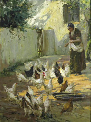 Frank McKelvey, WOMAN FEEDING HENS, oil on canvas