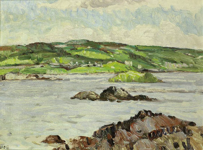 FIELDS AND SEA, CONNEMARA by Charles Vincent Lamb, oil on board, sold Sep 2004