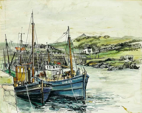 Muriel Brandt, PORT ORIEL HARBOUR, CLOGHER HEAD, COUNTY LOUTH, pen and ink with watercolour heightened with white
