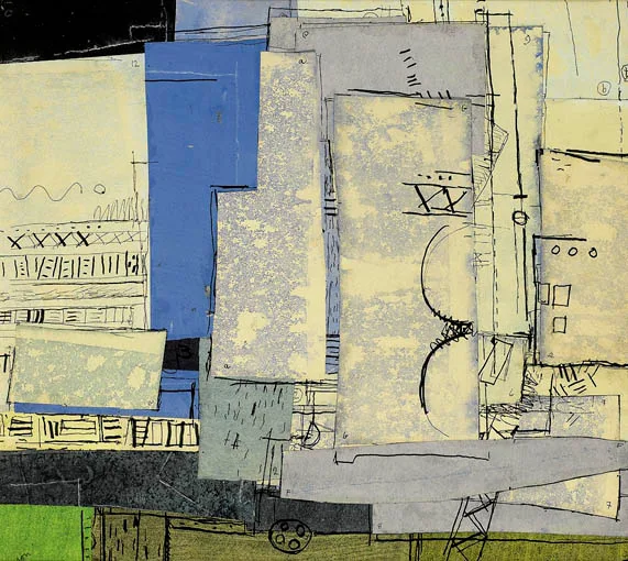 METROPOLIS III by Nevill Johnson, watercolour, acrylic, collage, pen and ink on board, offered Sep 2004