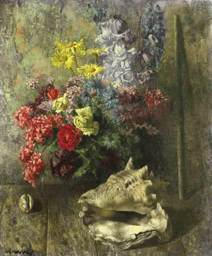 SUMMER BOUQUET AND CONCH SHELL by Patrick Hennessy, oil on canvas, sold Sep 2004
