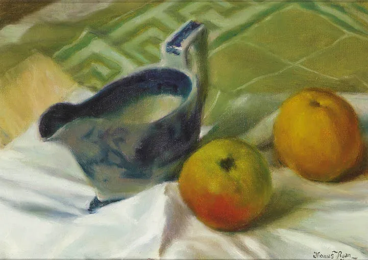 APPLES AND WILLOW PATTERN by Thomas Ryan, oil on canvas board, sold Sep 2004