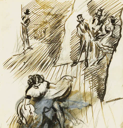 BEHIND THE SCENES by William Orpen, pencil, watercolour, bodycolour, pen, brush and black ink, sold Sep 2004