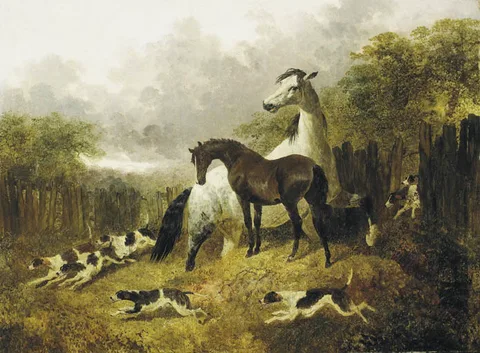 John Frederick Herring Jnr, A MARE AND FOAL WITH A PACK OF HOUNDS, oil on canvas
