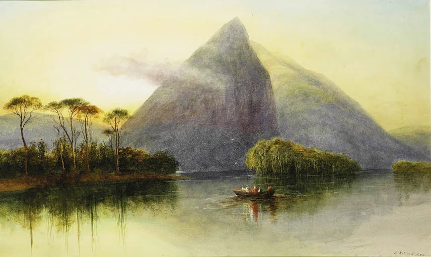 EAGLE'S NEST, KILLARNEY by Andrew Nicholl, watercolour with bodycolour and sgraffito, sold Sep 2004