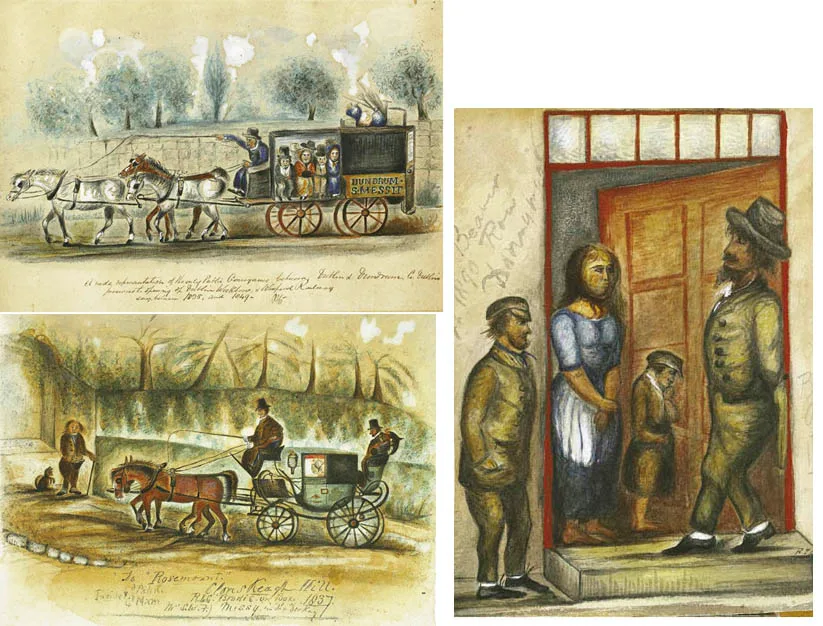 Richard John Corballis, PUBLIC CONVEYANCE BETWEEN DUBLIN AND DUNDRUM and two others, watercolour, bodycolour, pen and ink on paper