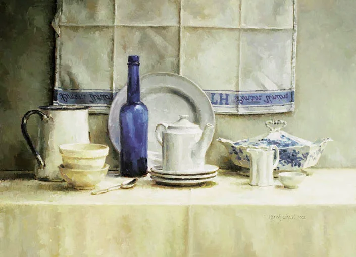 TEA TOWEL BLUE by Mark O'Neill, oil on board, sold Sep 2004